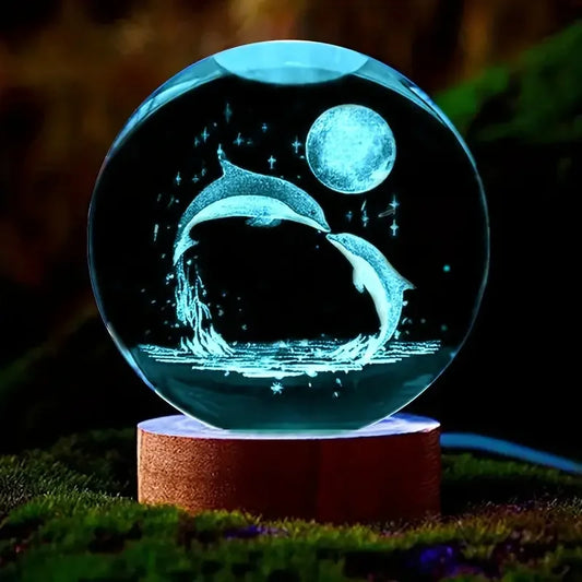 3D Dolphin Moon Crystal Ball Lamp – Laser Etched Marine Decor Gift Night Light