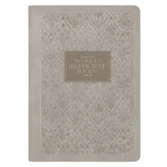 Christian Art Gifts Inspirational Zippered Journal, My Grace Is Sufficient for You Wide Ruled Notebook, 2 Cor. 12:9 Bible Verse, Taupe Vegan Leather,
