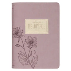 Christian Art Gifts Inspirational Zippered Journal, Be Joyful Wide Ruled Notebook, 1 Thessalonians 5:16 Bible Verse, Dusty Mauve Vegan Leather, 336 Li