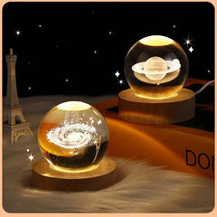 6cm 3D Crystal Globe with LED Base – Moon, Planets & Astronaut Design