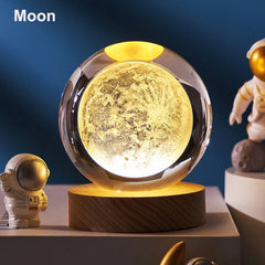 6cm 3D Crystal Globe with LED Base – Moon, Planets & Astronaut Design