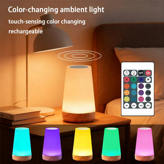 Portable RGB LED Bedside Night Lamp, 13 Colors, Dimmable, USB Rechargeable