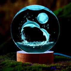 3D Dolphin Moon Crystal Ball Lamp – Laser Etched Marine Decor Gift Night Light