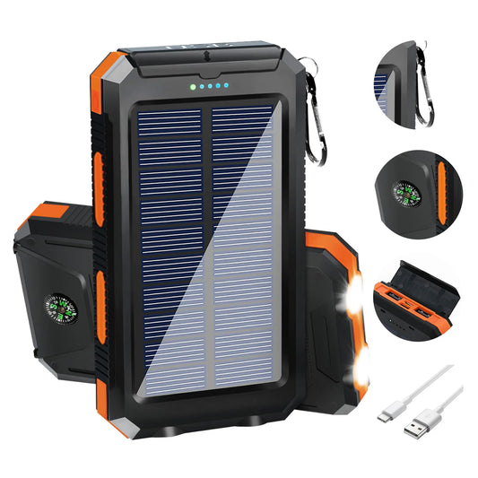 20000mAh Waterproof Solar Power Bank with Dual USB Ports & LED Flashlight