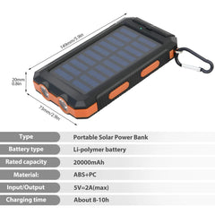 20000mAh Waterproof Solar Power Bank with Dual USB Ports & LED Flashlight