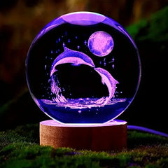 3D Dolphin Moon Crystal Ball Lamp – Laser Etched Marine Decor Gift Night Light