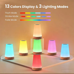 Portable RGB LED Bedside Night Lamp, 13 Colors, Dimmable, USB Rechargeable