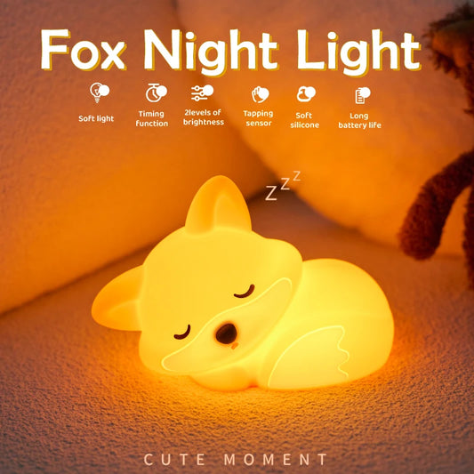 Cute Silicone Fox & Rabbit Touch Night Lamp, Dimmable & Rechargeable