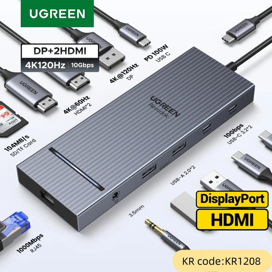 UGREEN 12-in-1 USB-C Docking Station with Dual HDMI 4K@120Hz, DP, 100W PD