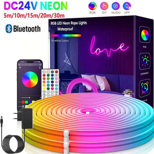 EU Plug RGB Neon Rope Light, DC24V Bluetooth App Control, Indoor/Outdoor